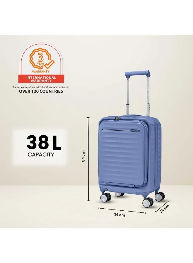 American Tourister Elemental Blue Frontec Suitcase, Cabin Size 54 cm / 20 inch, 4 Spinner Wheels, Hard Top, Polycarbonate, Elemental Blue|Expandable|Book Opening|Front Laptop Compartment|2-in-1 Optimov™ + STEPause™ Shock Absorbing Wheels|TSA 008 Lock|DuoSaf™ Security Zipper|USB Port - 3 Years International Warranty  | Best Price UAE